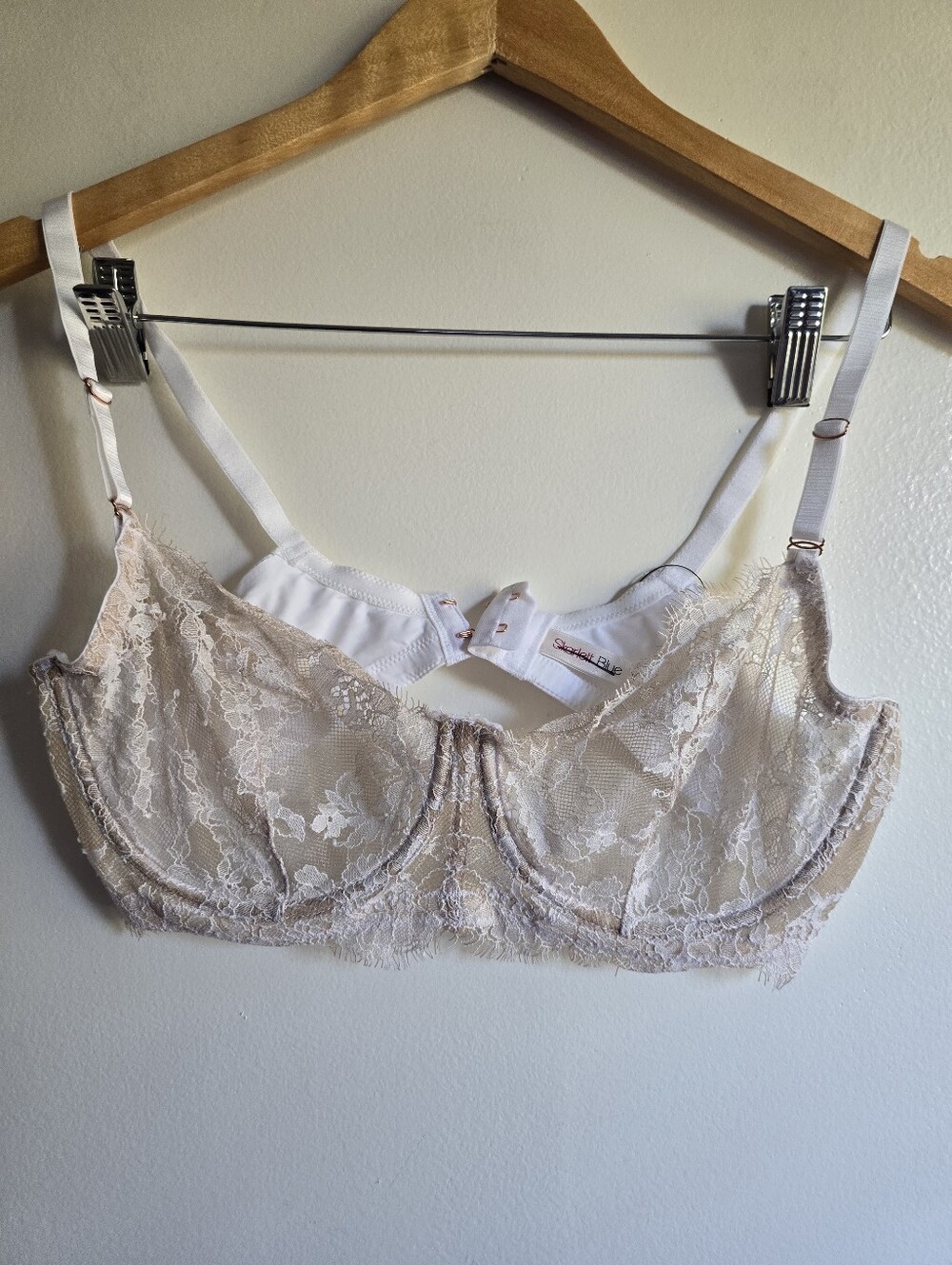 Skarlett Blue, Sheer Lace Underwire Bra in Nude Blush/White, Size 34DD